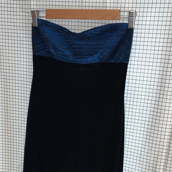 Vintage All That Jazz SML 90s Black Velour Blue Strapless Dress w High Slit💦🔥 - Picture 4 of 13
